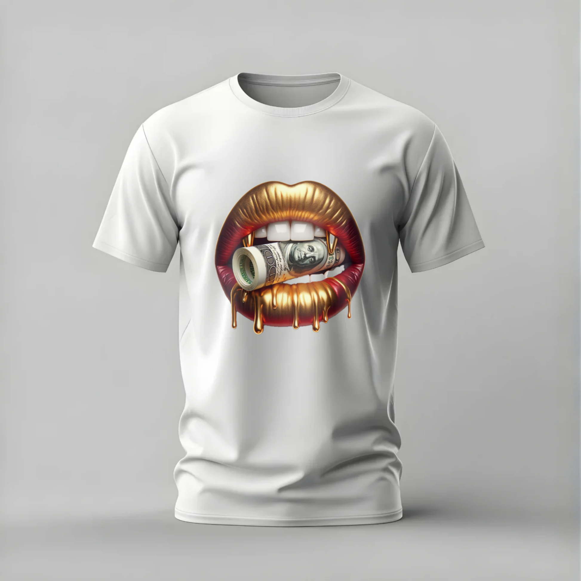 Bold Golden Lips T-Shirt with rolled $100 bill and dripping gold. Luxurious and edgy streetwear graphic on soft 100% cotton. Perfect statement piece.