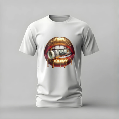 Bold Golden Lips T-Shirt with rolled $100 bill and dripping gold. Luxurious and edgy streetwear graphic on soft 100% cotton. Perfect statement piece.