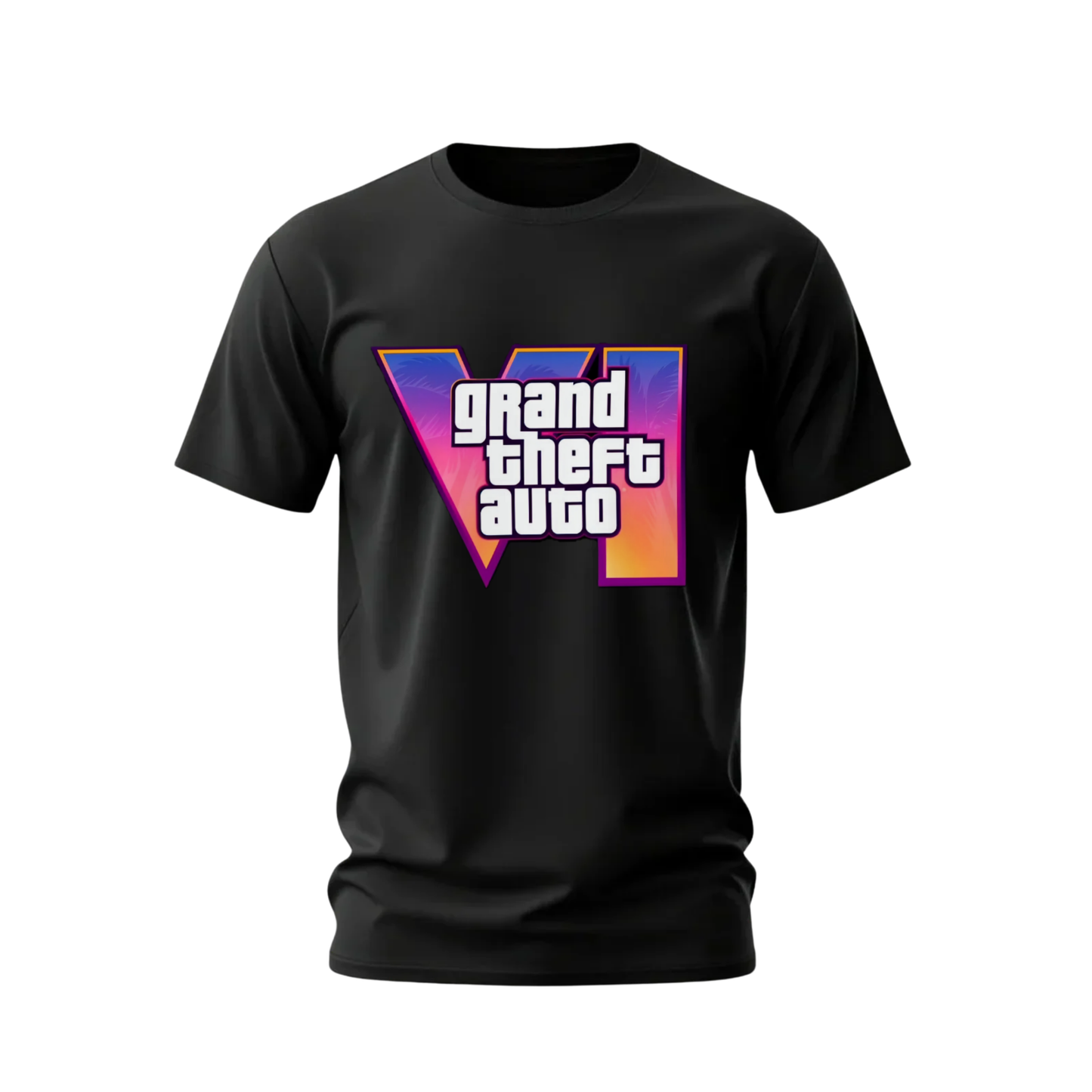 Bold Grand Theft Auto VI T-Shirt with iconic GTA 6 logo and vibrant colors. Classic gaming graphic on soft 100% cotton. Perfect for GTA fans.
