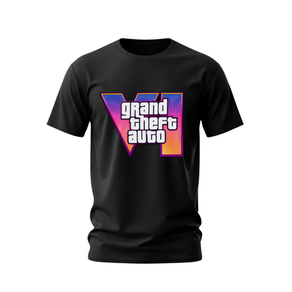 Bold Grand Theft Auto VI T-Shirt with iconic GTA 6 logo and vibrant colors. Classic gaming graphic on soft 100% cotton. Perfect for GTA fans.