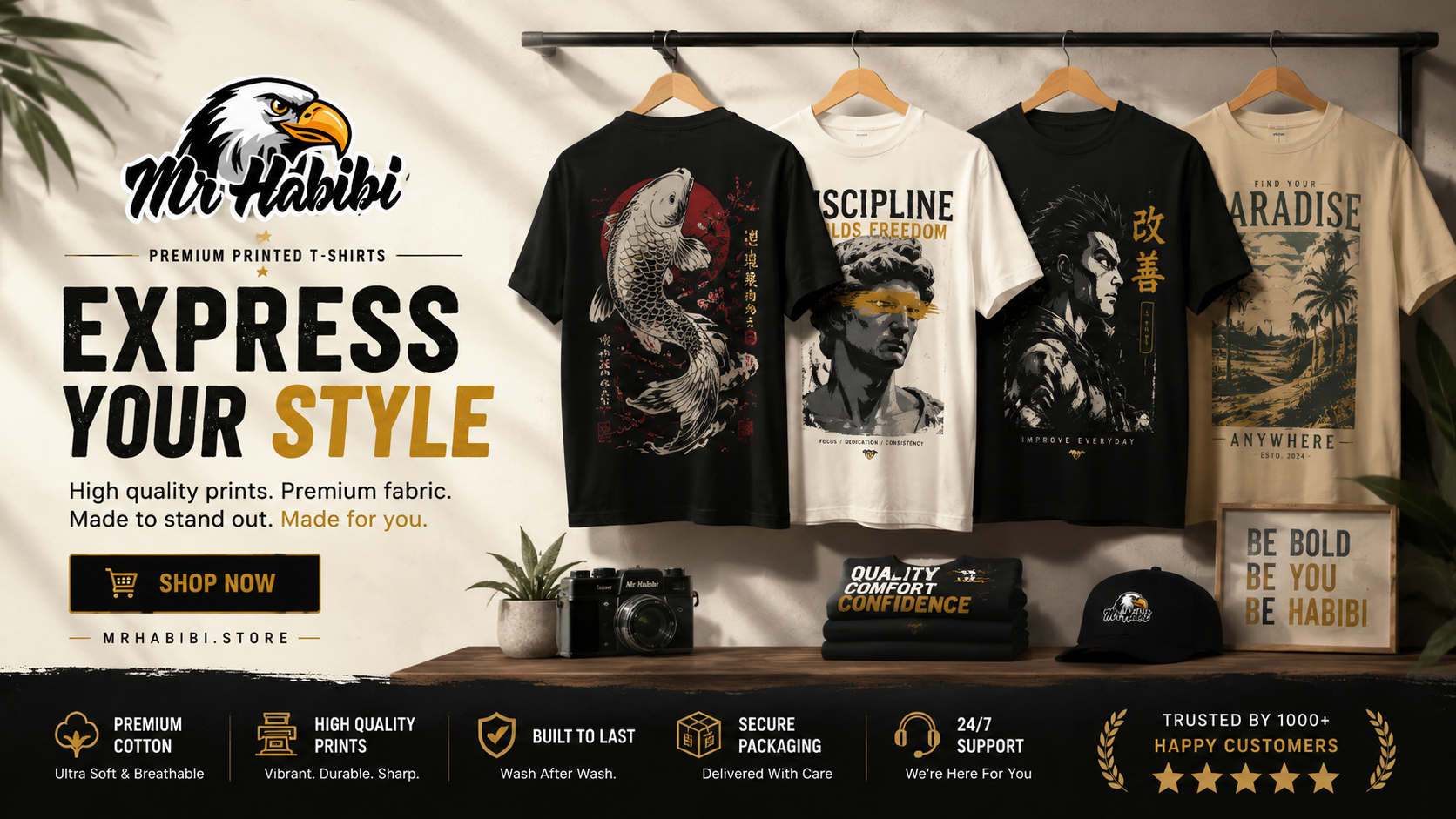 Display of t-shirts with various designs on hangers, featuring the brand 'Mr Habibi'.