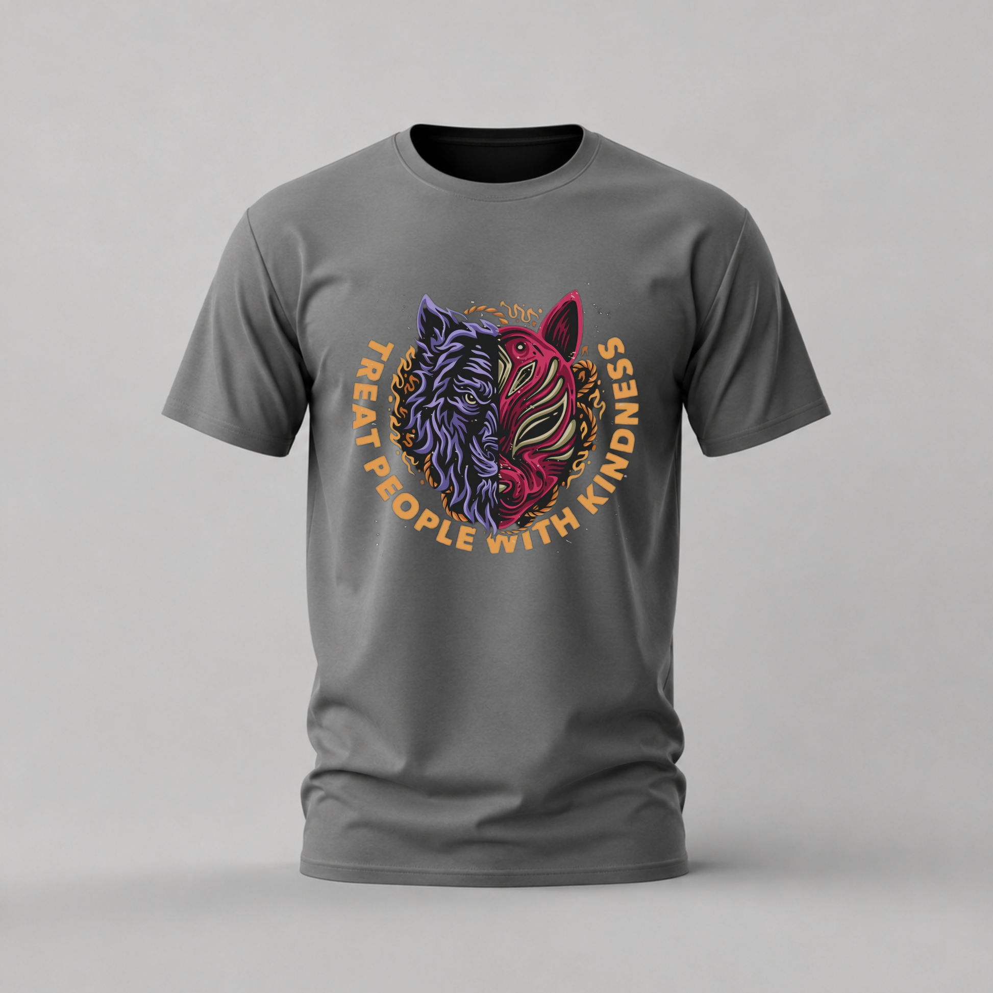 treat people with kindness tshirt; wolf mask shirt; kindness graphic tee; kitsune wolf tshirt; positive message shirt; unisex kindness tee; men cotton tshirt; half sleeve printed tshirt; streetwear; casual wear; kindness merch; mask graphic shirt