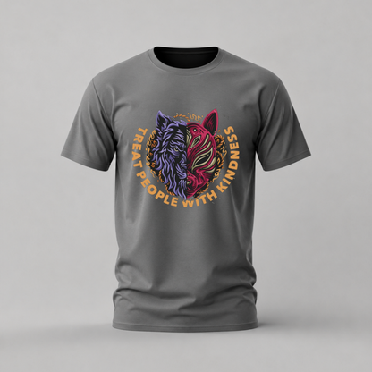 treat people with kindness tshirt; wolf mask shirt; kindness graphic tee; kitsune wolf tshirt; positive message shirt; unisex kindness tee; men cotton tshirt; half sleeve printed tshirt; streetwear; casual wear; kindness merch; mask graphic shirt