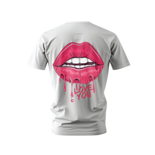 Gray t-shirt with pink lips and 'LOVE YOU' text on a white background