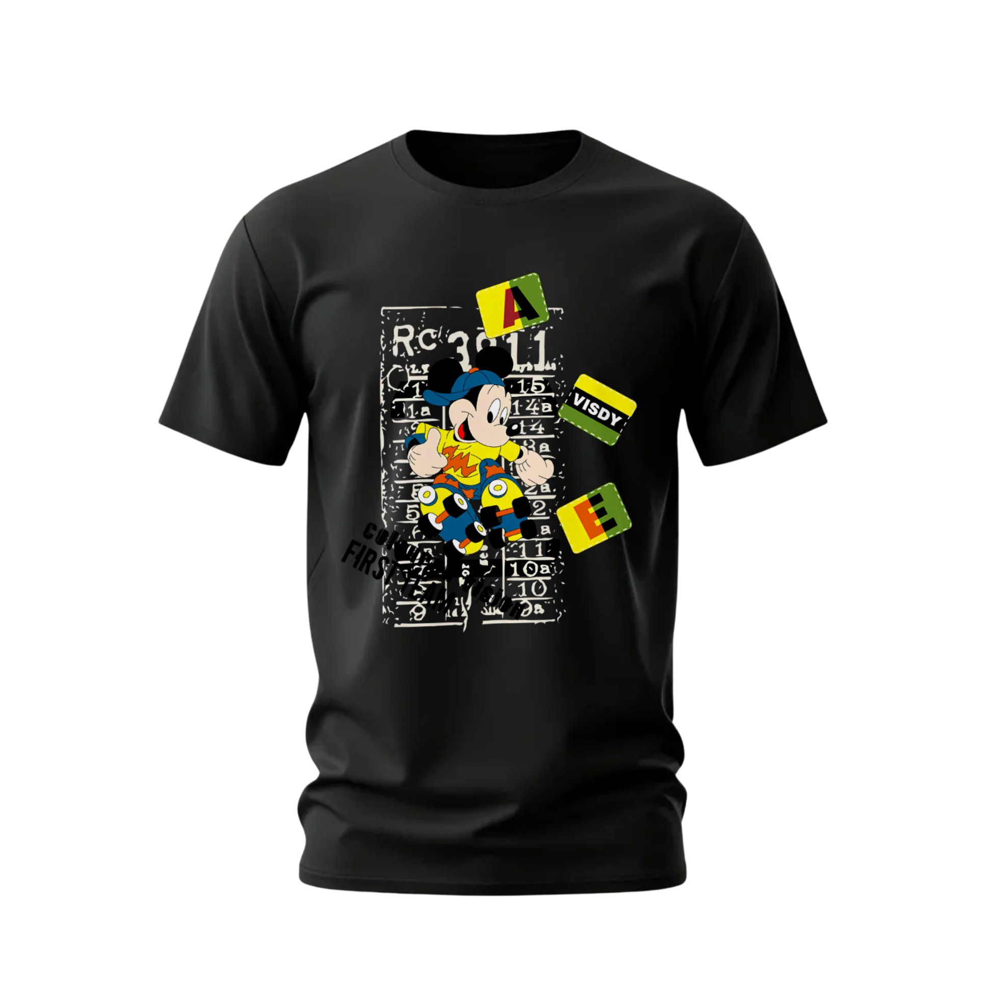 Mickey Mouse Skateboard Graffiti T-Shirt with bold urban design. Fun Disney streetwear graphic on soft 100% cotton. Multiple colors available.