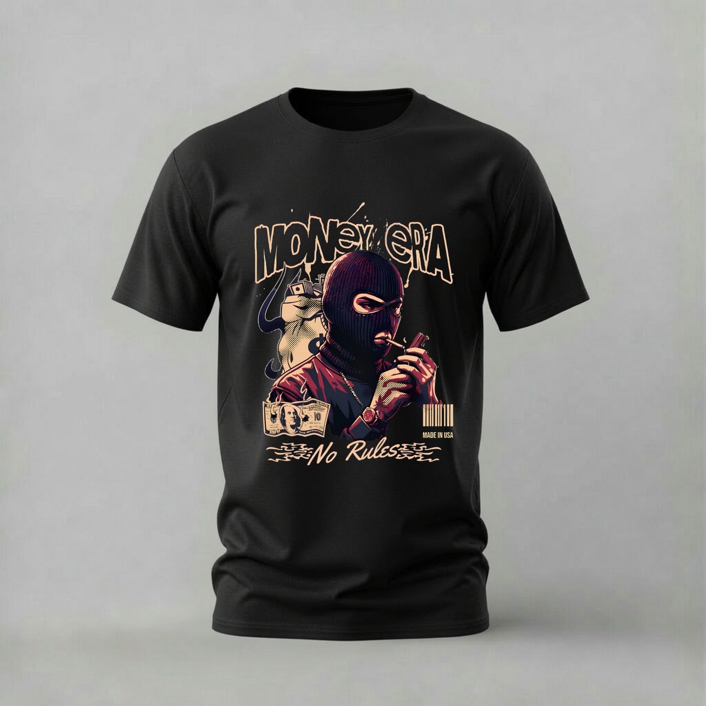Money Era No Rules T-Shirt with bold street graphic. Raw hustle culture design on soft 100% cotton. Multiple colors available.