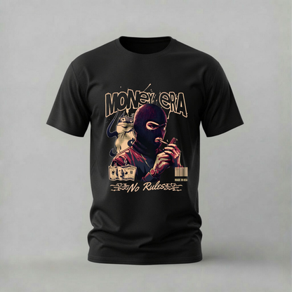 Money Era No Rules T-Shirt with bold street graphic. Raw hustle culture design on soft 100% cotton. Multiple colors available.