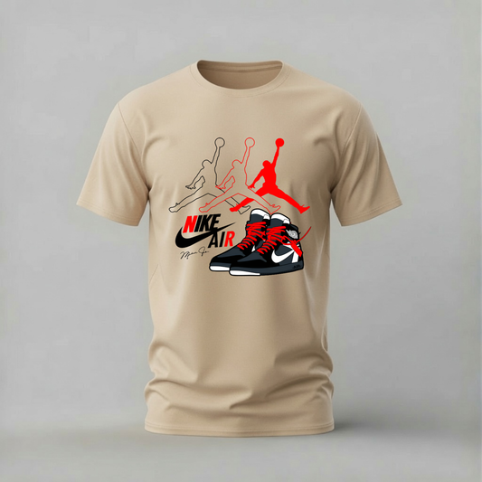 Nike Air Jordan Sneaker T-Shirt with basketball graphics. Iconic Jumpman design on soft 100% cotton. Multiple colors available.