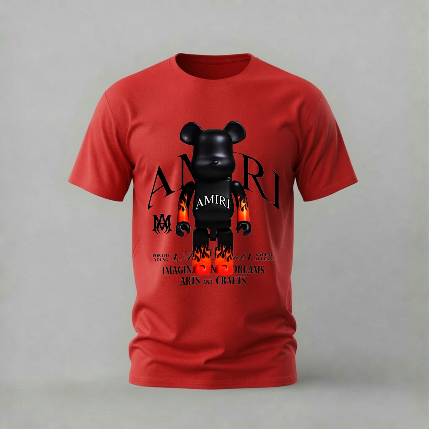 amiri bearbrick tshirt; flame bear shirt; bearbrick graphic tee; amiri style tshirt; streetwear bear shirt; unisex designer tee; men cotton tshirt; half sleeve printed tshirt; streetwear; casual wear; bearbrick merch; flame graphic shirt