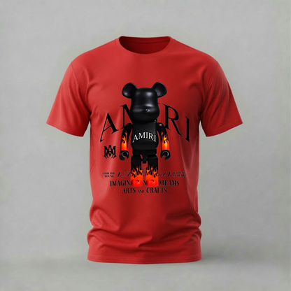 amiri bearbrick tshirt; flame bear shirt; bearbrick graphic tee; amiri style tshirt; streetwear bear shirt; unisex designer tee; men cotton tshirt; half sleeve printed tshirt; streetwear; casual wear; bearbrick merch; flame graphic shirt