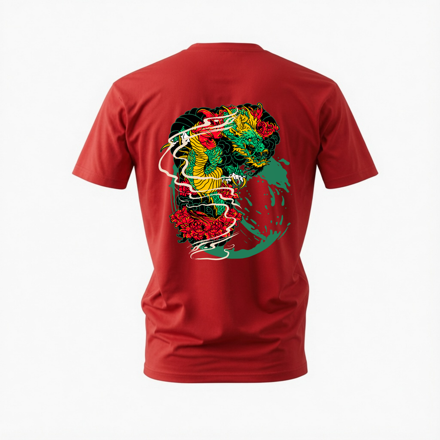 chinese dragon tshirt; dragon graphic tee; asian dragon shirt; traditional dragon tshirt; red green dragon shirt; unisex dragon tee; men cotton tshirt; half sleeve printed tshirt; streetwear; casual wear; dragon merch; cultural graphic shirt