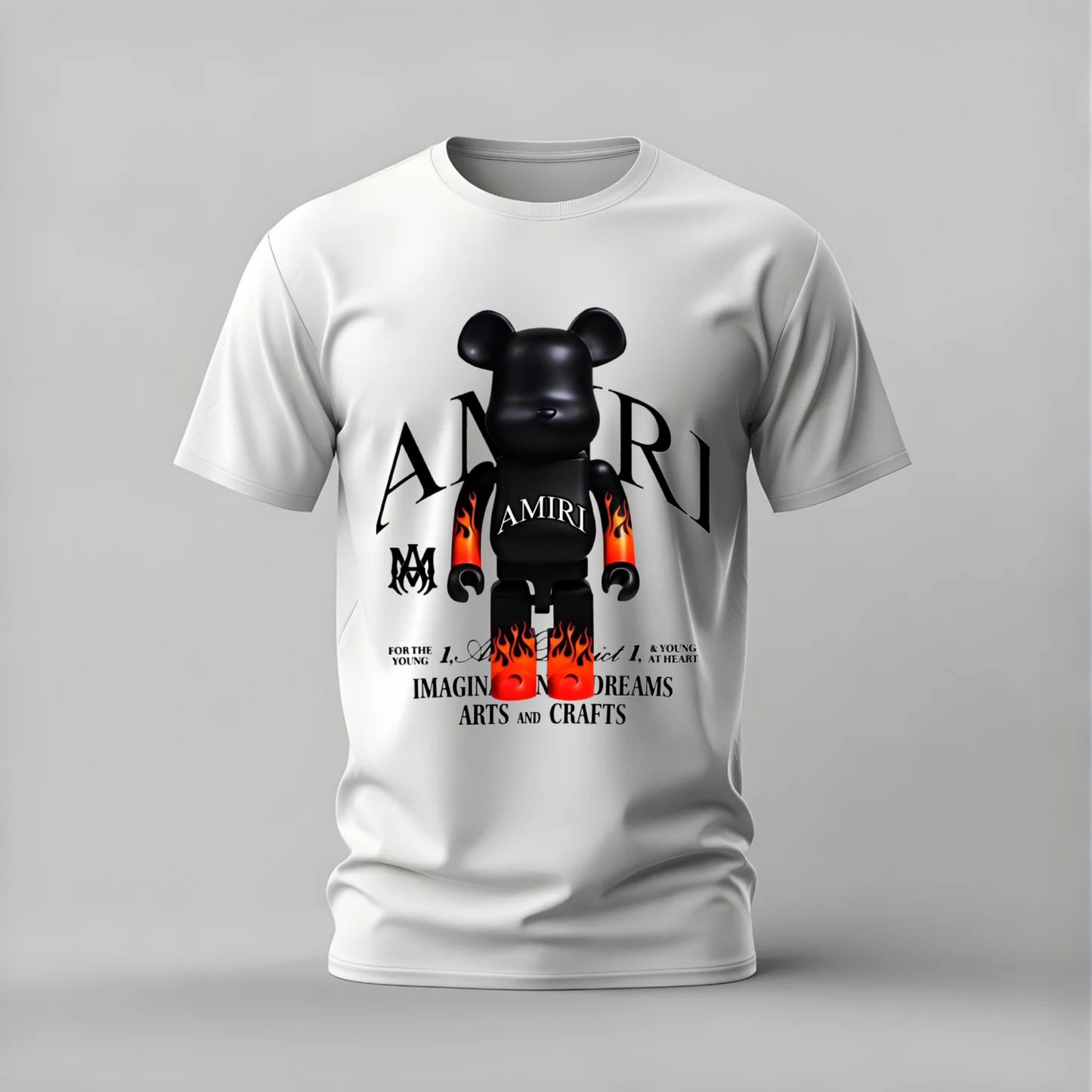 amiri bearbrick tshirt; flame bear shirt; bearbrick graphic tee; amiri style tshirt; streetwear bear shirt; unisex designer tee; men cotton tshirt; half sleeve printed tshirt; streetwear; casual wear; bearbrick merch; flame graphic shirt