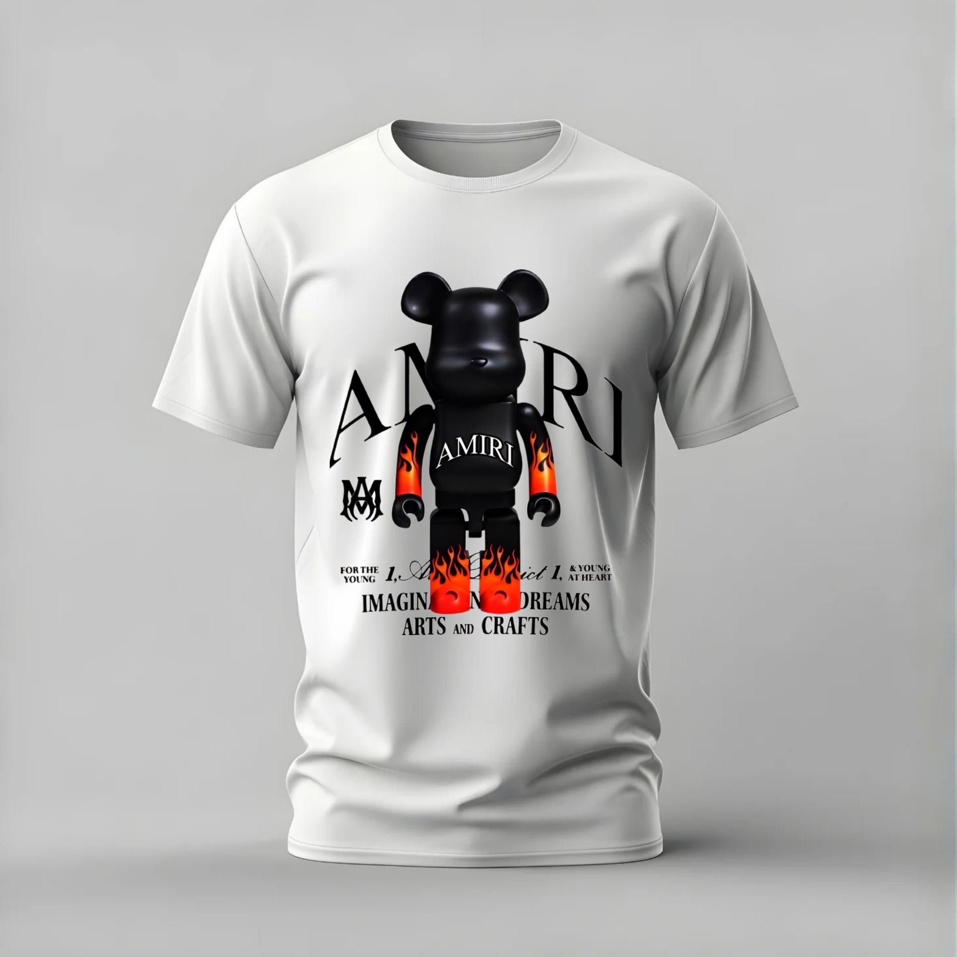 amiri bearbrick tshirt; flame bear shirt; bearbrick graphic tee; amiri style tshirt; streetwear bear shirt; unisex designer tee; men cotton tshirt; half sleeve printed tshirt; streetwear; casual wear; bearbrick merch; flame graphic shirt