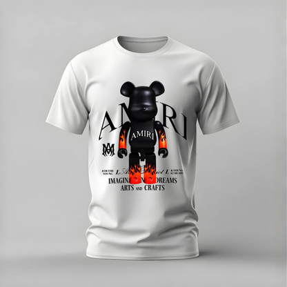 amiri bearbrick tshirt; flame bear shirt; bearbrick graphic tee; amiri style tshirt; streetwear bear shirt; unisex designer tee; men cotton tshirt; half sleeve printed tshirt; streetwear; casual wear; bearbrick merch; flame graphic shirt