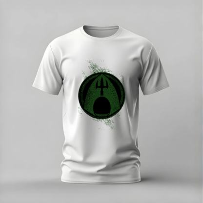 aquaman tshirt; aquaman logo shirt; trident graphic tee; dc aquaman tshirt; superhero logo shirt; unisex aquaman tee; men cotton tshirt; half sleeve printed tshirt; streetwear; casual wear; aquaman merch; logo graphic shirt