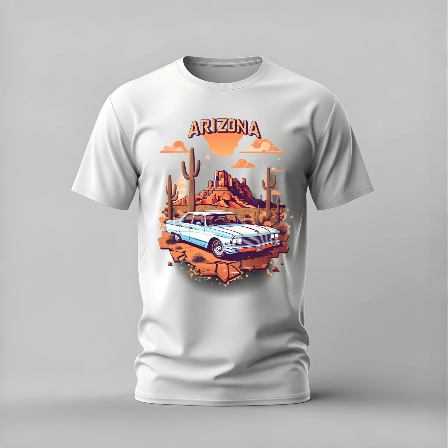 arizona tshirt; desert car shirt; arizona graphic tee; vintage car desert tshirt; road trip shirt; unisex arizona tee; men cotton tshirt; half sleeve printed tshirt; streetwear; casual wear; arizona merch; desert graphic shirt