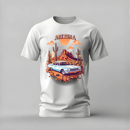 arizona tshirt; desert car shirt; arizona graphic tee; vintage car desert tshirt; road trip shirt; unisex arizona tee; men cotton tshirt; half sleeve printed tshirt; streetwear; casual wear; arizona merch; desert graphic shirt