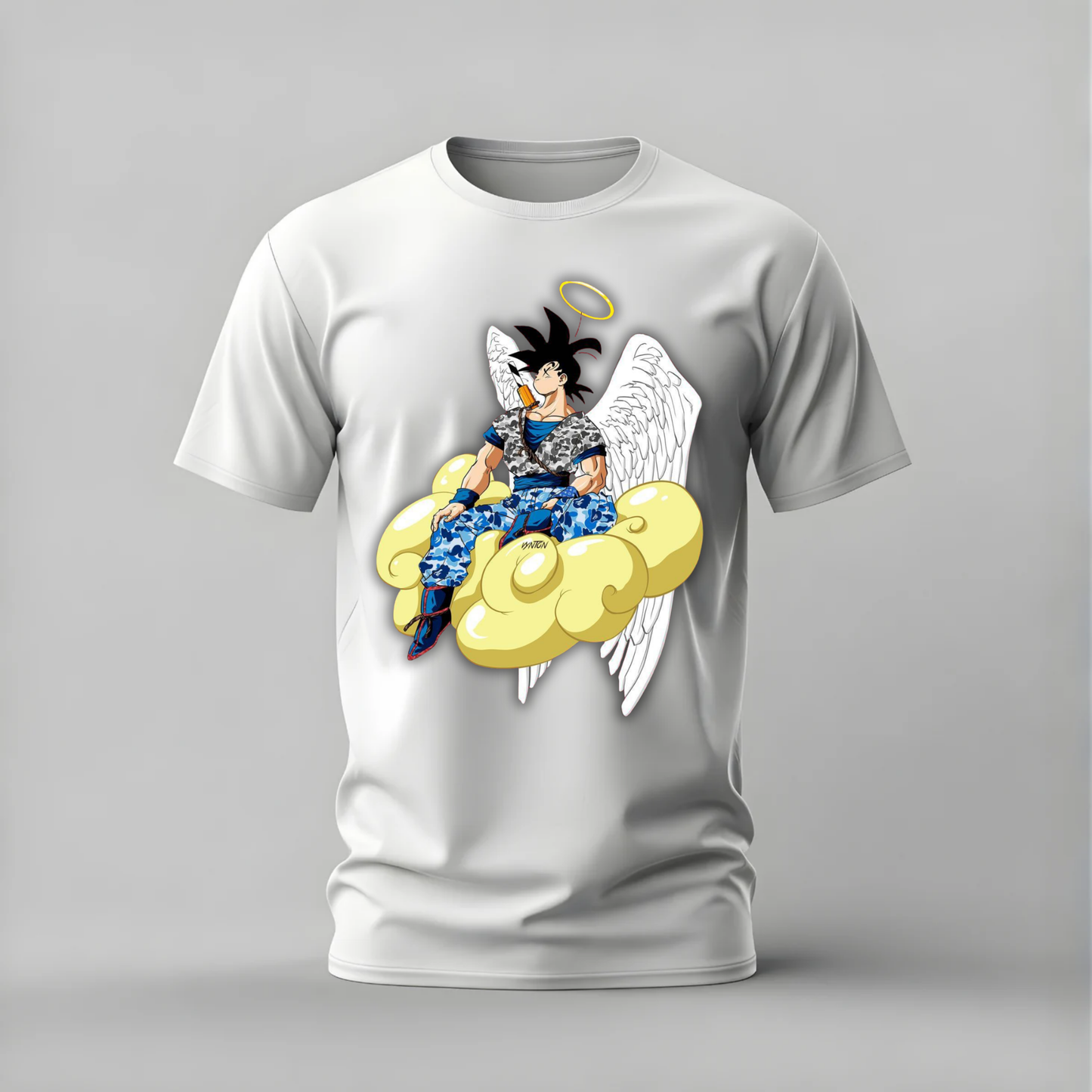 White T-shirt featuring Angel Goku graphic
Goku with wings, halo, and golden cloud
Bold blue, yellow, and black anime design