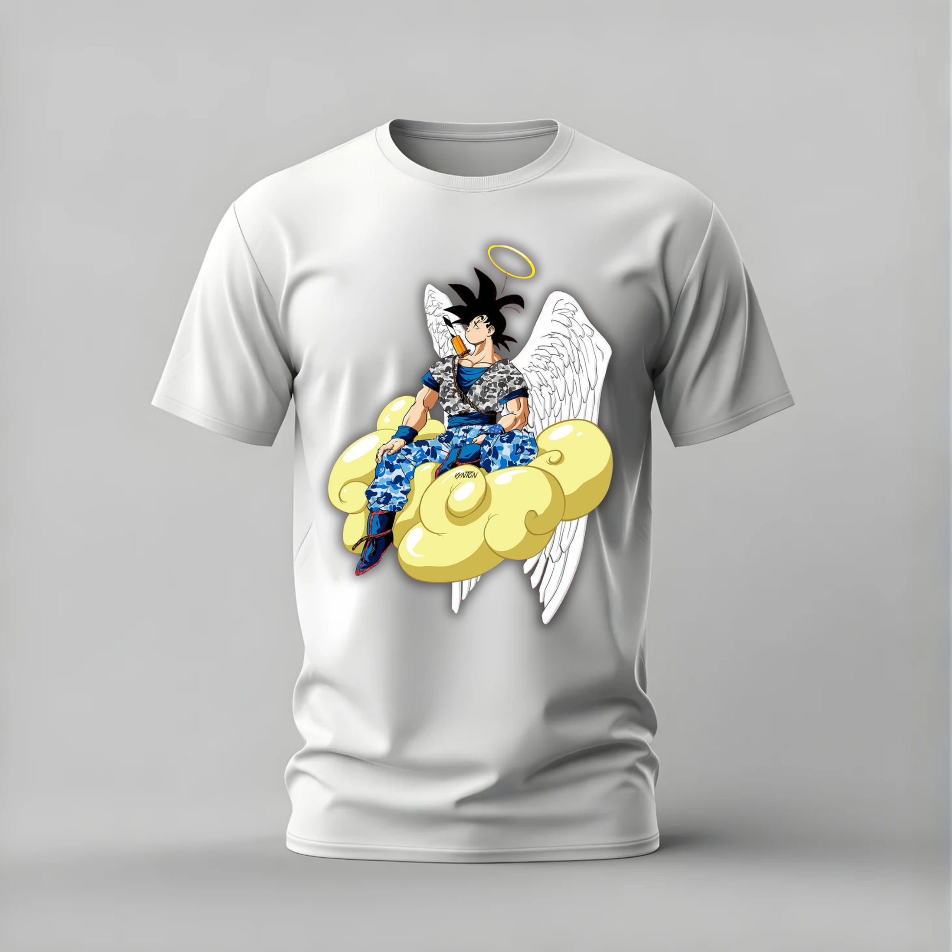 White T-shirt featuring Angel Goku graphic
Goku with wings, halo, and golden cloud
Bold blue, yellow, and black anime design