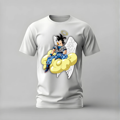 White T-shirt featuring Angel Goku graphic
Goku with wings, halo, and golden cloud
Bold blue, yellow, and black anime design