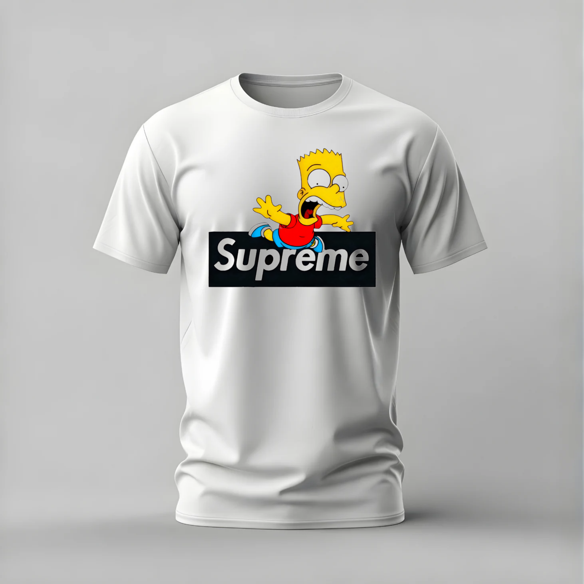 bart simpson tshirt; supreme bart shirt; bart simpson graphic tee; simpsons streetwear tshirt; bart jumping shirt; unisex simpson tee; men cotton tshirt; half sleeve printed tshirt; streetwear; casual wear; bart merch; simpson graphic shirt
