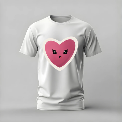 cute heart tshirt; kawaii heart shirt; cute heart graphic tee; smiling heart tshirt; kawaii face shirt; unisex cute tee; men cotton tshirt; half sleeve printed tshirt; streetwear; casual wear; heart merch; cute graphic shirt