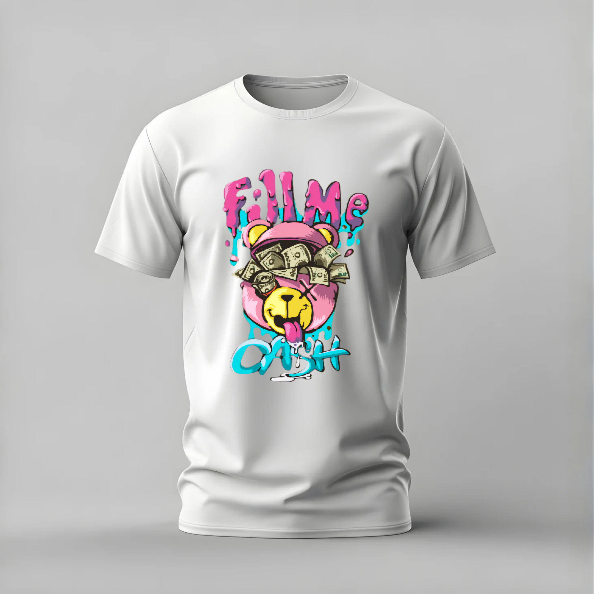 fill me cash tshirt; money bear shirt; fill me cash graphic tee; cash teddy tshirt; money hustle shirt; unisex money tee; men cotton tshirt; half sleeve printed tshirt; streetwear; casual wear; cash merch; bear graphic shirt