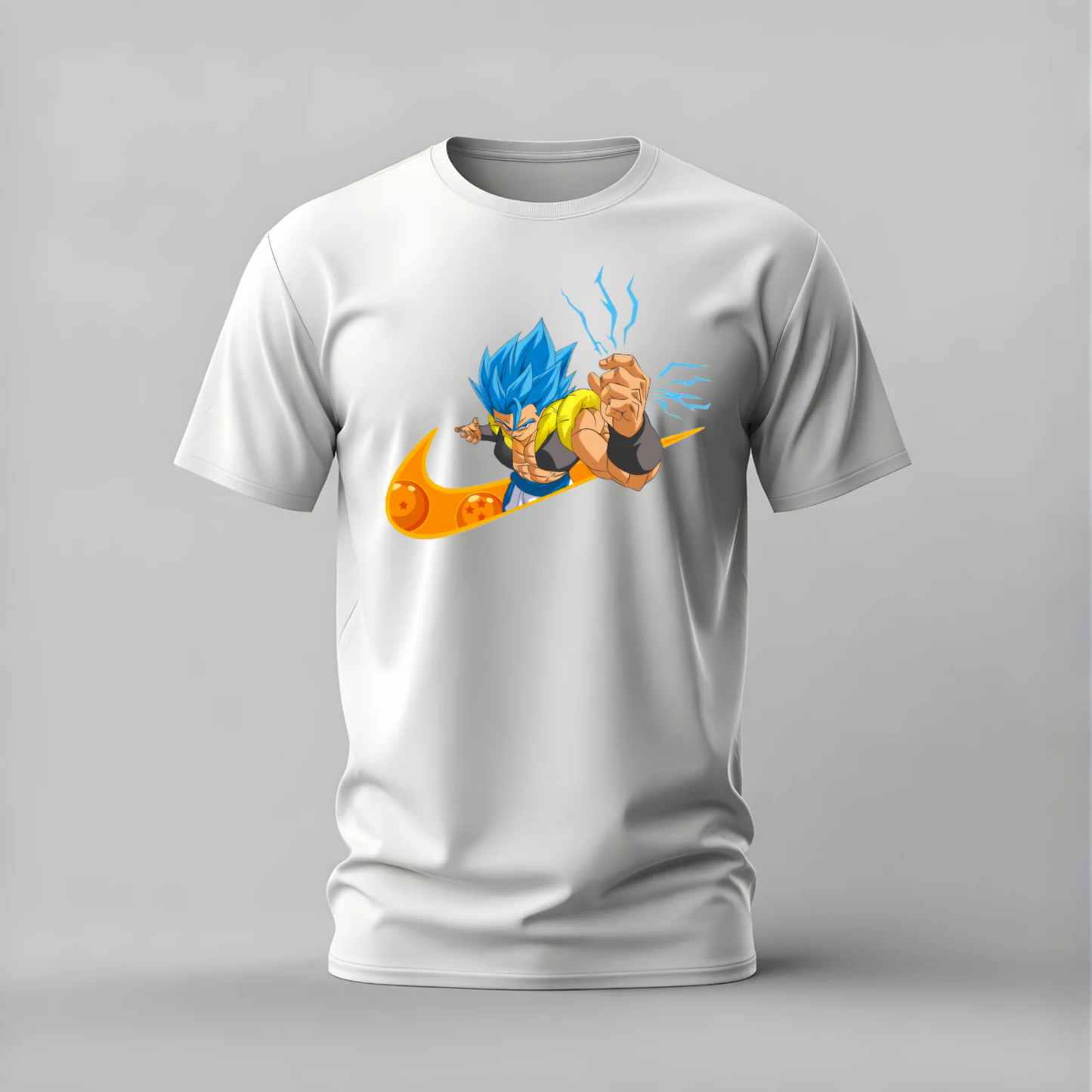 gogeta tshirt; dragon ball shirt; gogeta graphic tee; super saiyan blue tshirt; anime nike shirt; unisex anime tee; men cotton tshirt; half sleeve printed tshirt; streetwear; casual wear; dragon ball merch; gogeta graphic shirt