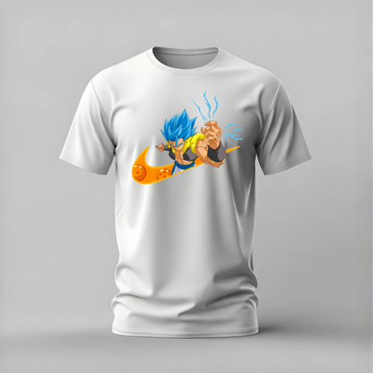 gogeta tshirt; dragon ball shirt; gogeta graphic tee; super saiyan blue tshirt; anime nike shirt; unisex anime tee; men cotton tshirt; half sleeve printed tshirt; streetwear; casual wear; dragon ball merch; gogeta graphic shirt