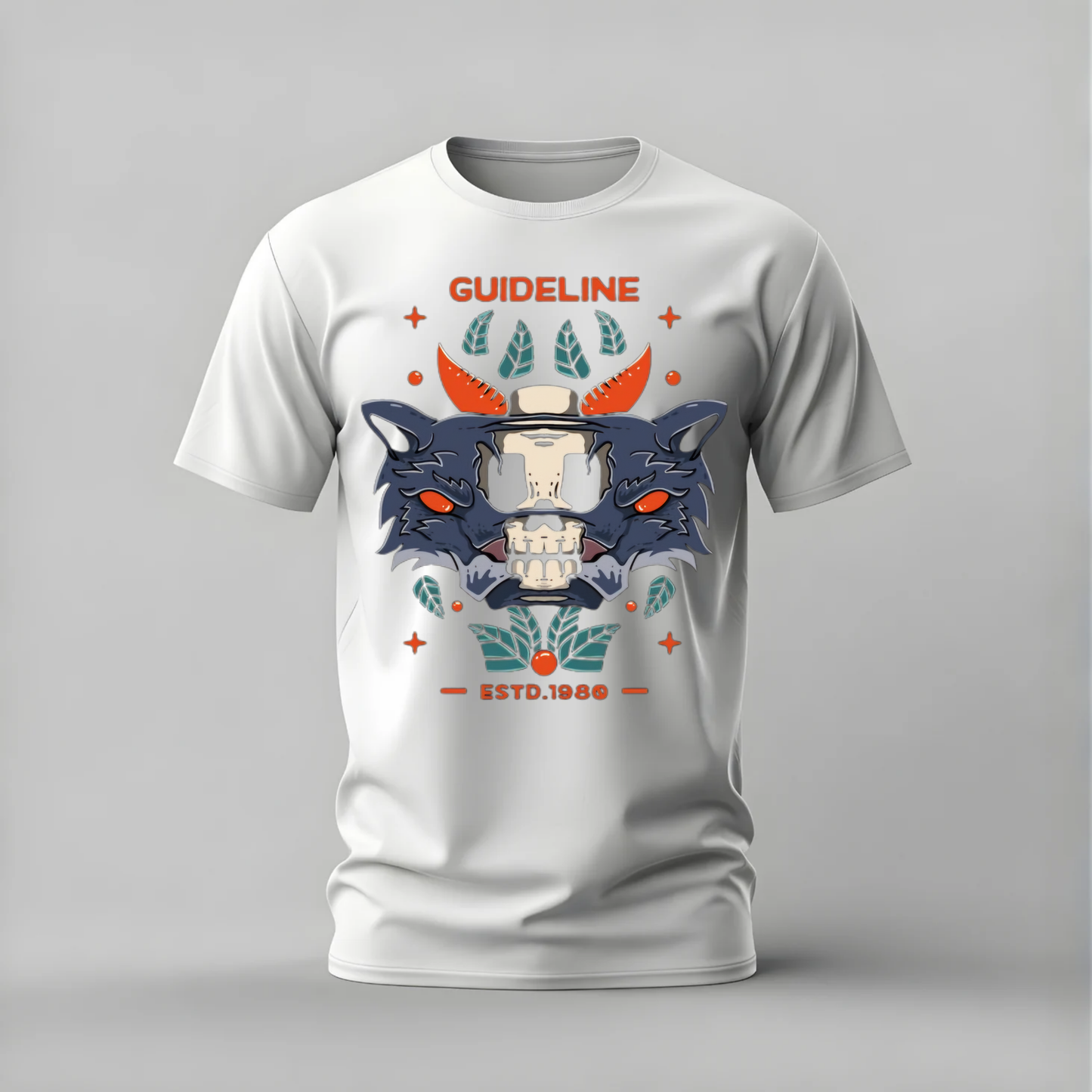guideline wolf tshirt; wolf skull shirt; guideline graphic tee; wolf head skull tshirt; streetwear wolf shirt; unisex skull tee; men cotton tshirt; half sleeve printed tshirt; streetwear; casual wear; wolf merch; skull graphic shirt