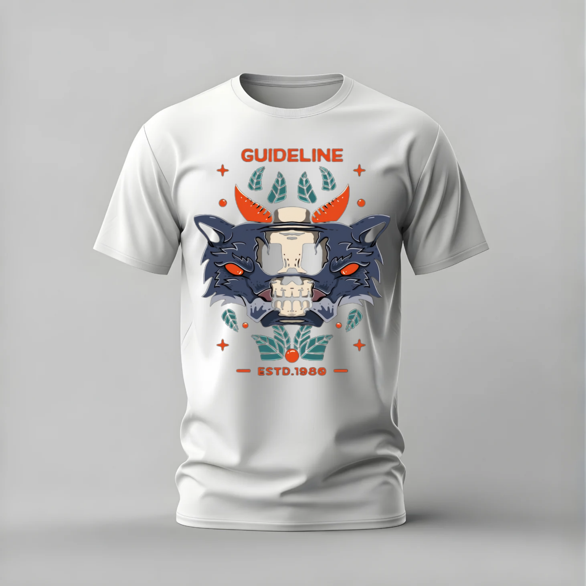 guideline wolf tshirt; wolf skull shirt; guideline graphic tee; wolf head skull tshirt; streetwear wolf shirt; unisex skull tee; men cotton tshirt; half sleeve printed tshirt; streetwear; casual wear; wolf merch; skull graphic shirt
