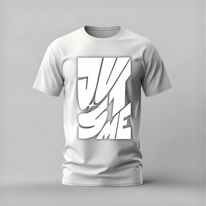 just me tshirt; bold typography shirt; just me graphic tee; abstract text tshirt; minimalist shirt; unisex typography tee; men cotton tshirt; half sleeve printed tshirt; streetwear; casual wear; just me merch; text graphic shirt