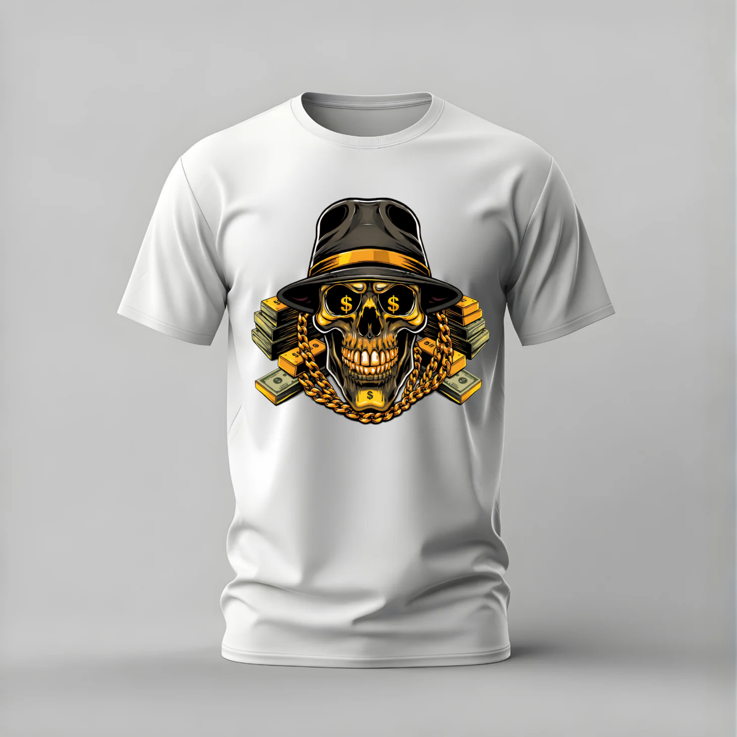 money skull tshirt; gold skull shirt; money skull graphic tee; fedora skull tshirt; dollar eyes shirt; unisex skull tee; men cotton tshirt; half sleeve printed tshirt; streetwear; casual wear; skull merch; money graphic shirt