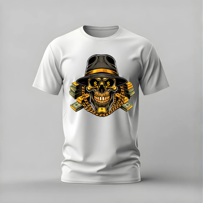 money skull tshirt; gold skull shirt; money skull graphic tee; fedora skull tshirt; dollar eyes shirt; unisex skull tee; men cotton tshirt; half sleeve printed tshirt; streetwear; casual wear; skull merch; money graphic shirt
