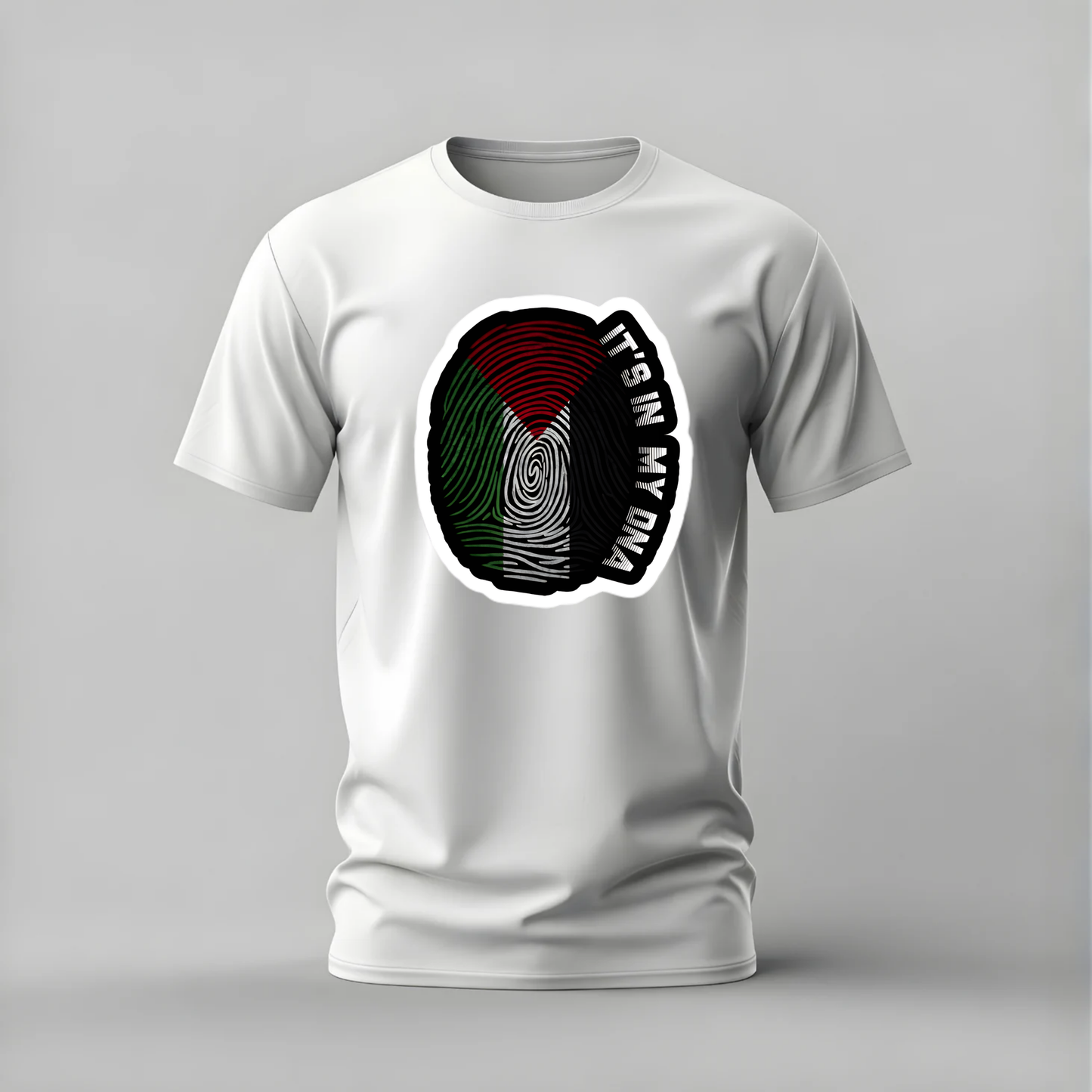 palestine dna tshirt; fingerprint palestine shirt; its in my dna graphic tee; palestine flag fingerprint tshirt; cultural pride shirt; unisex palestine tee; men cotton tshirt; half sleeve printed tshirt; streetwear; casual wear; palestine merch; dna graphic shirt