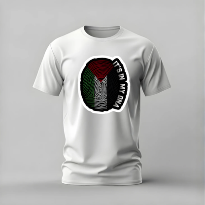 palestine dna tshirt; fingerprint palestine shirt; its in my dna graphic tee; palestine flag fingerprint tshirt; cultural pride shirt; unisex palestine tee; men cotton tshirt; half sleeve printed tshirt; streetwear; casual wear; palestine merch; dna graphic shirt