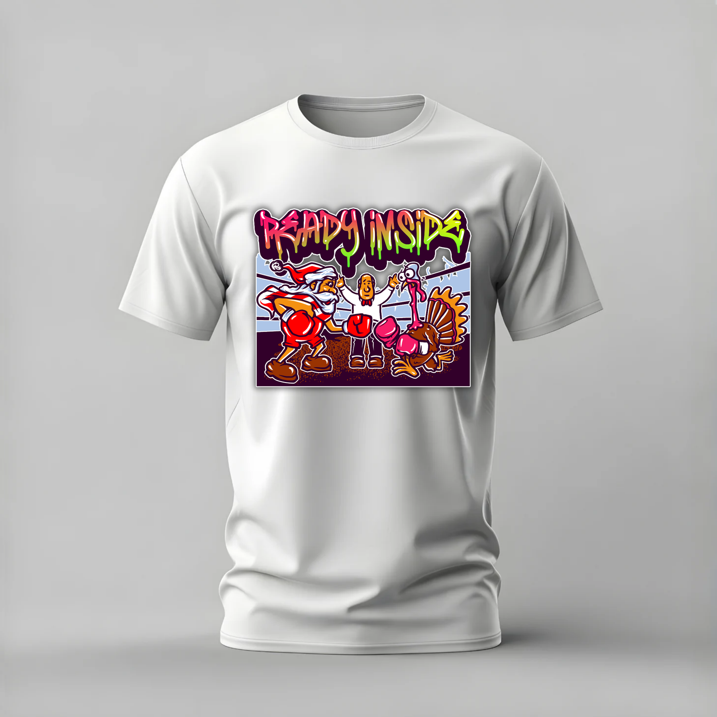 ready inside tshirt; santa boxing shirt; turkey boxing graphic tee; christmas boxing tshirt; funny holiday shirt; unisex christmas tee; men cotton tshirt; half sleeve printed tshirt; streetwear; casual wear; santa merch; holiday graphic shirt