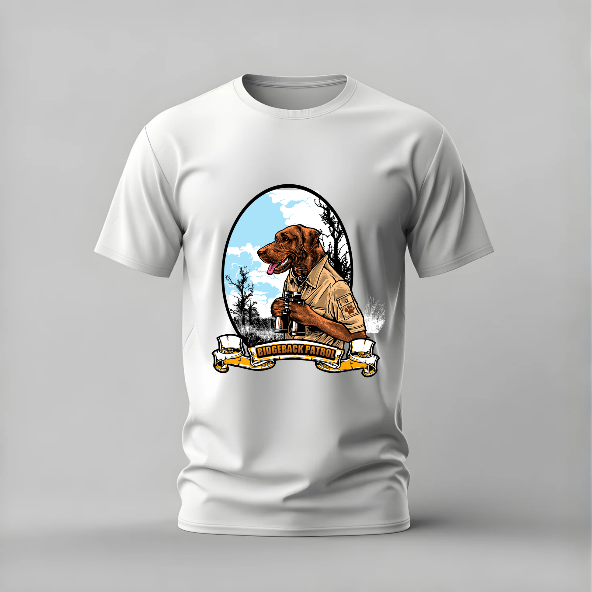 ridgeback patrol tshirt; rhodesian ridgeback shirt; dog patrol graphic tee; ridgeback dog tshirt; safari dog shirt; unisex dog tee; men cotton tshirt; half sleeve printed tshirt; streetwear; casual wear; ridgeback merch; dog graphic shirt