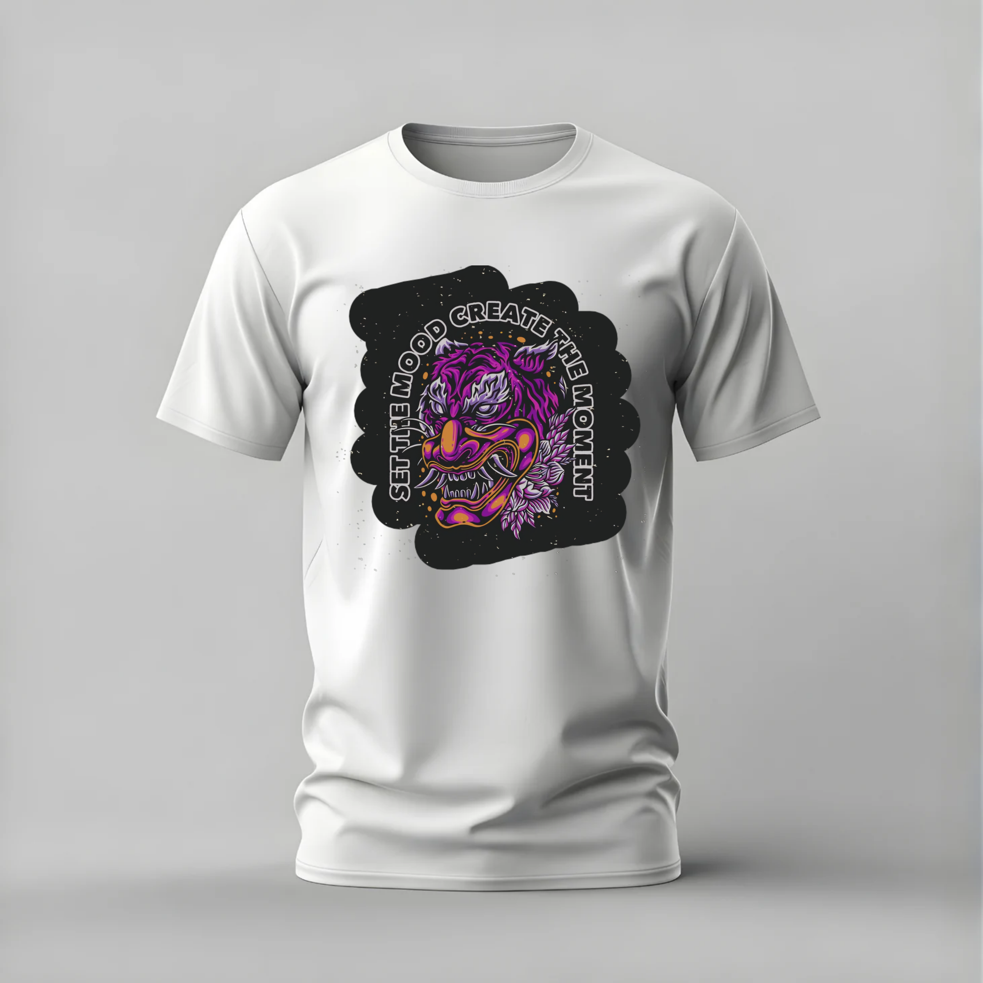 set the mood tshirt; oni mask shirt; create the moment graphic tee; purple oni tshirt; japanese mask shirt; unisex oni tee; men cotton tshirt; half sleeve printed tshirt; streetwear; casual wear; oni merch; mask graphic shirt