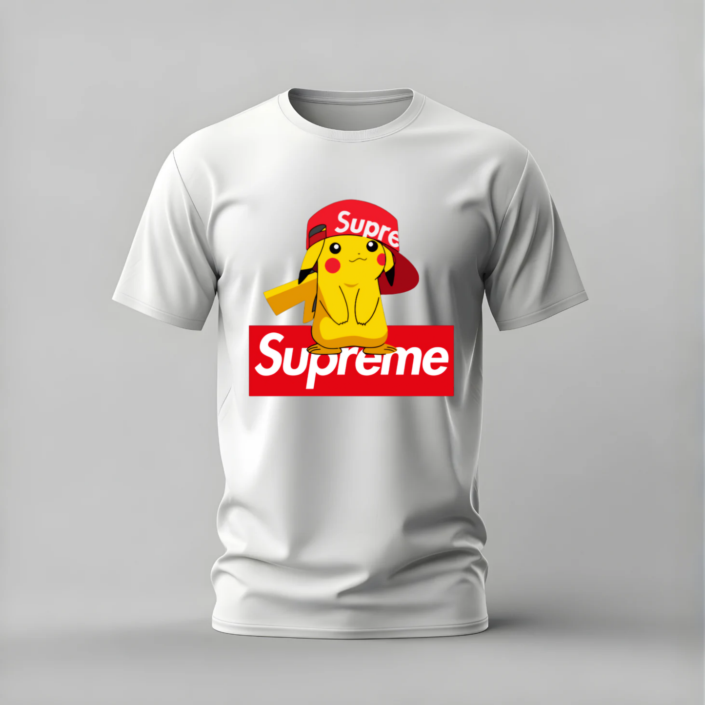 supreme pikachu tshirt; pikachu supreme shirt; supreme pikachu graphic tee; pokemon streetwear tshirt; pikachu cap shirt; unisex pikachu tee; men cotton tshirt; half sleeve printed tshirt; streetwear; casual wear; pikachu merch; pokemon graphic shirt