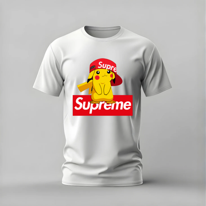 supreme pikachu tshirt; pikachu supreme shirt; supreme pikachu graphic tee; pokemon streetwear tshirt; pikachu cap shirt; unisex pikachu tee; men cotton tshirt; half sleeve printed tshirt; streetwear; casual wear; pikachu merch; pokemon graphic shirt