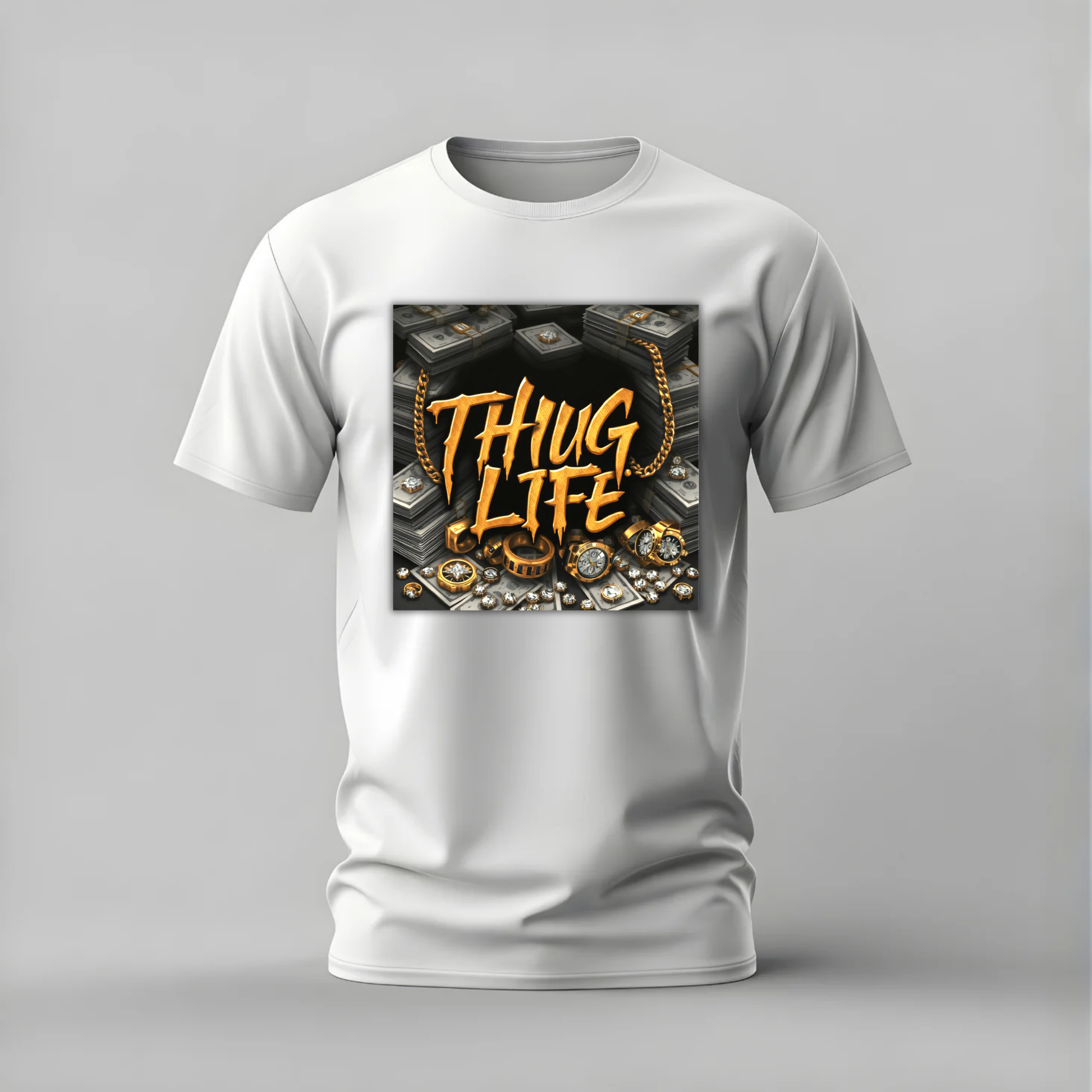 thug life tshirt; gold money shirt; thug life graphic tee; cash chains tshirt; luxury streetwear shirt; unisex money tee; men cotton tshirt; half sleeve printed tshirt; streetwear; casual wear; thug life merch; gold graphic shirt