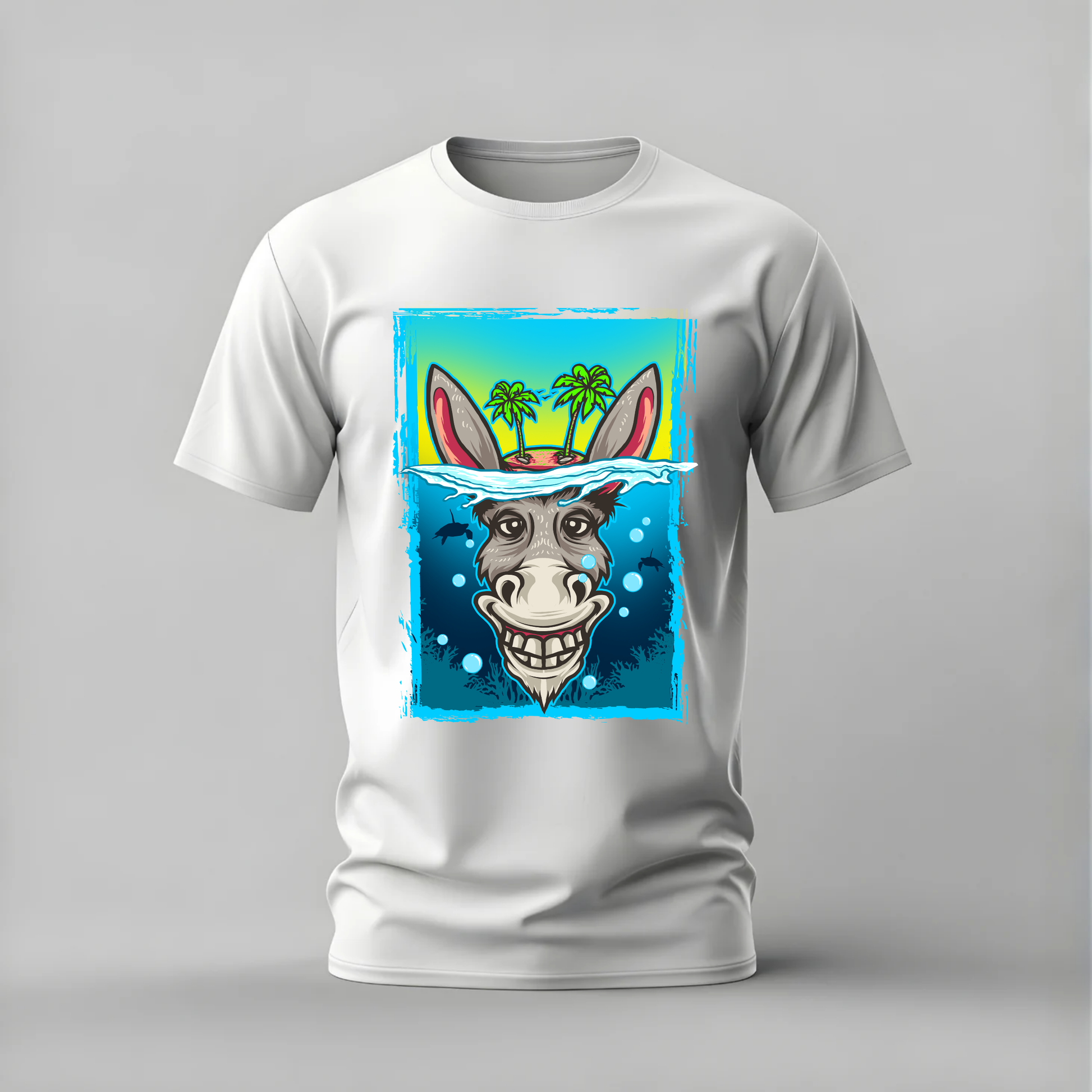 underwater donkey tshirt; funny donkey shirt; underwater donkey graphic tee; tropical donkey tshirt; quirky animal shirt; unisex funny tee; men cotton tshirt; half sleeve printed tshirt; streetwear; casual wear; donkey merch; funny graphic shirt