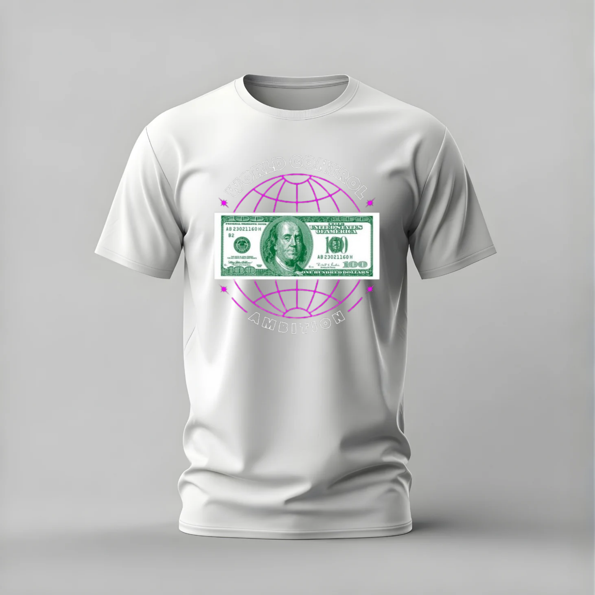 world control tshirt; ambition money shirt; world control graphic tee; 100 dollar bill tshirt; money ambition shirt; unisex hustle tee; men cotton tshirt; half sleeve printed tshirt; streetwear; casual wear; money merch; ambition graphic shirt