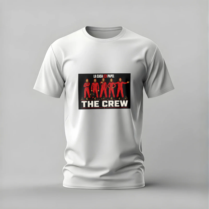 White t-shirt with 'La Casa de Papel The Crew' graphic on a gray background