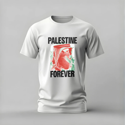 White t-shirt with 'PALESTINE FOREVER' text and graphic on a gray background