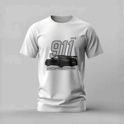 White t-shirt with Porsche 911 GT3 graphic on a gray background
