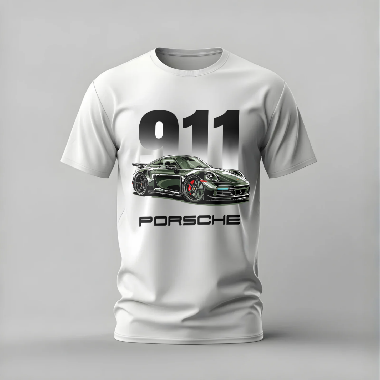 White t-shirt with Porsche 911 graphic on a gray background