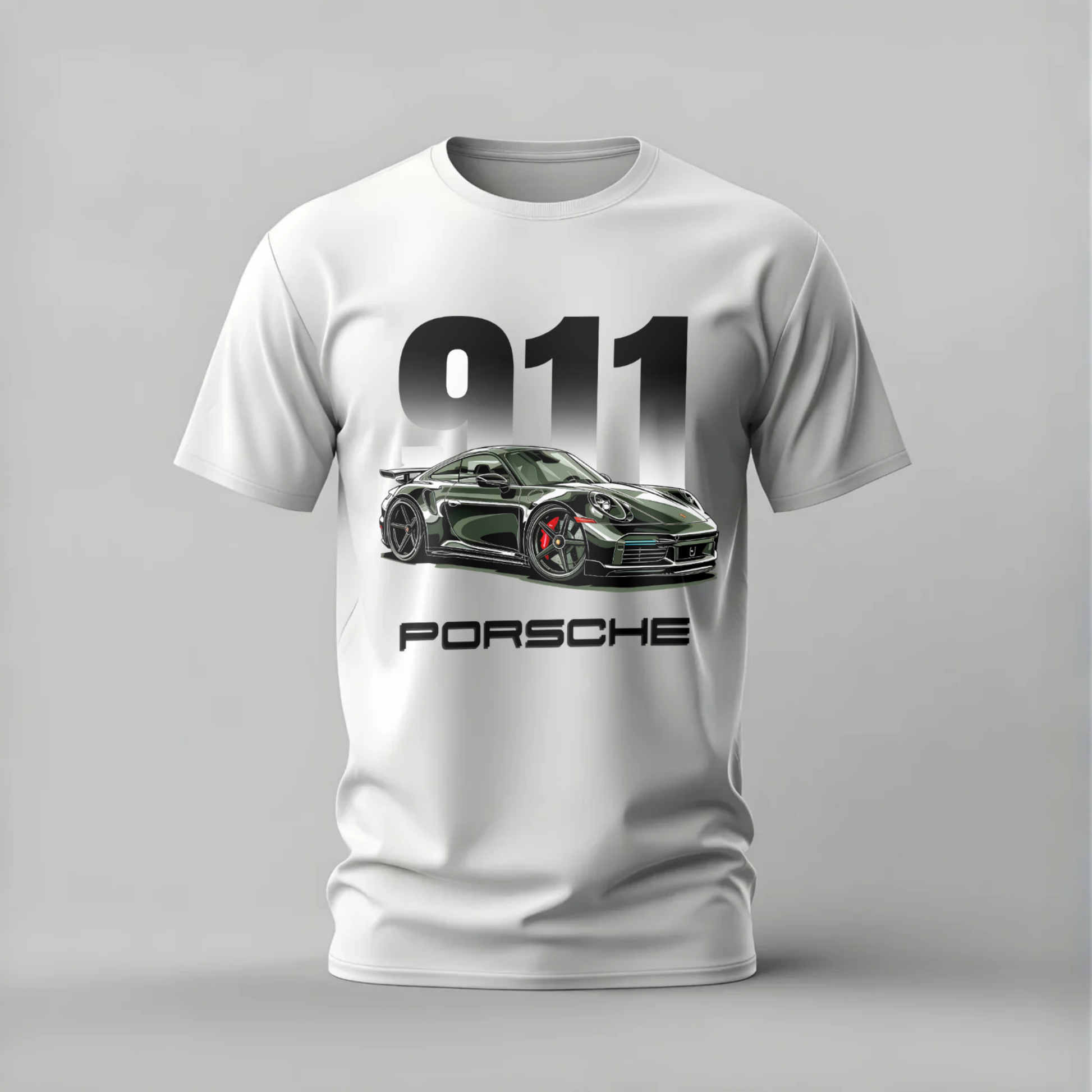 White t-shirt with Porsche 911 graphic on a gray background