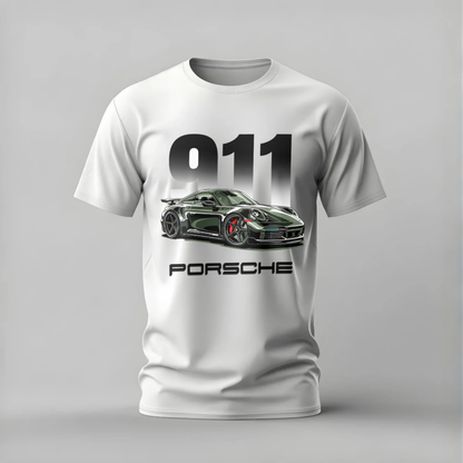 White t-shirt with Porsche 911 graphic on a gray background